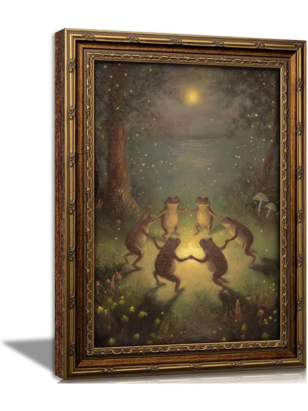 Whimsical Vintage Frog Wall Art - Gold Framed Canvas Print for Living Room